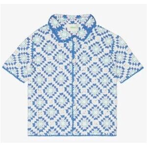 Yitai Hand Crochet Granny Square Shirt Size 2 Blue Pink Cotton Button Up